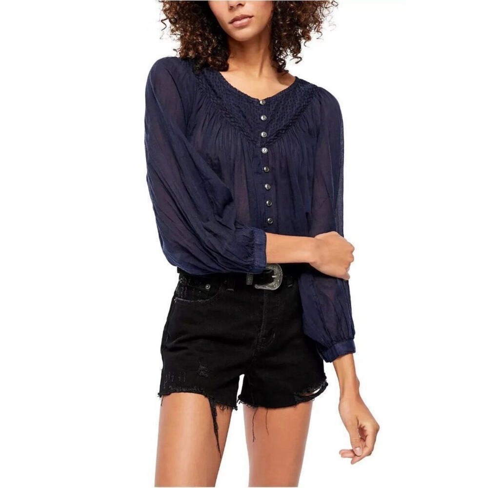 Free People We The Free Cool Meadow Top Navy Blue Cotton Smocked Blouse Medium